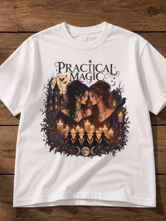 Gildan Tops - White Practical Magic Graphic Tee with Candlelit Illustration